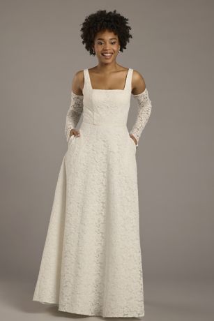 Double Strap Satin Square Neck Dress with Slit | David's Bridal